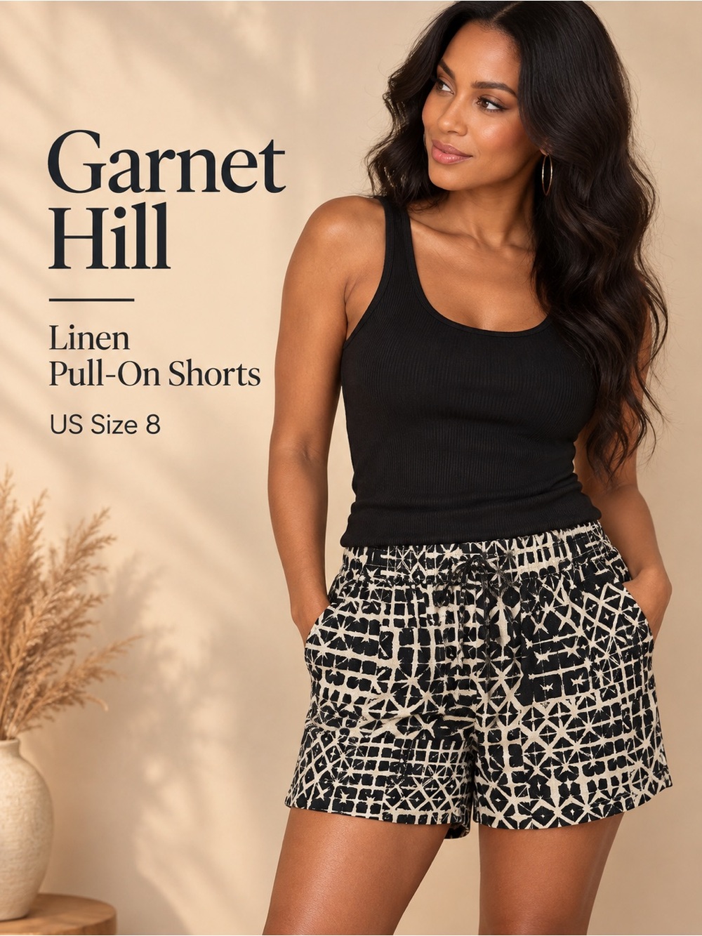 Garnet Hill Linen Pull-On Shorts 7” Black Cream Print Size 8
